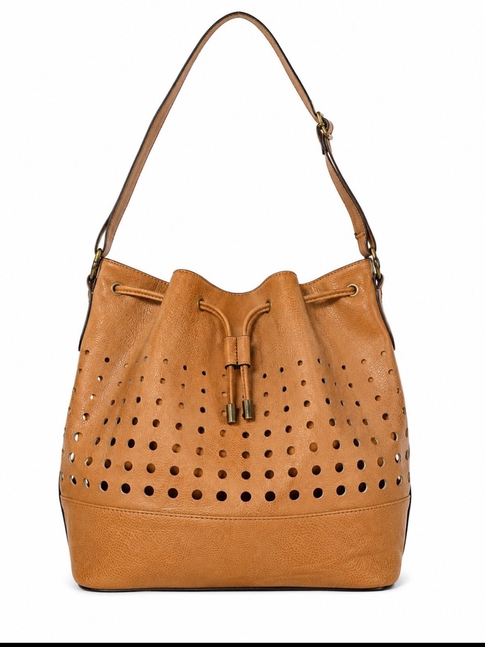 Covington Classic Tan Shoulder Tote Bag with Perforated Detail top cinch closure